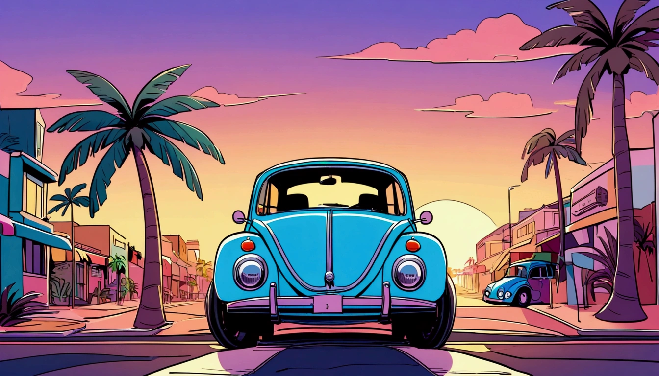 ((Sticker design)), Volkswagen Type 1 beetle, Sunset background, Palm tree, Layers with 5 colors, Corner Street, Belek's Drums, Plethean,