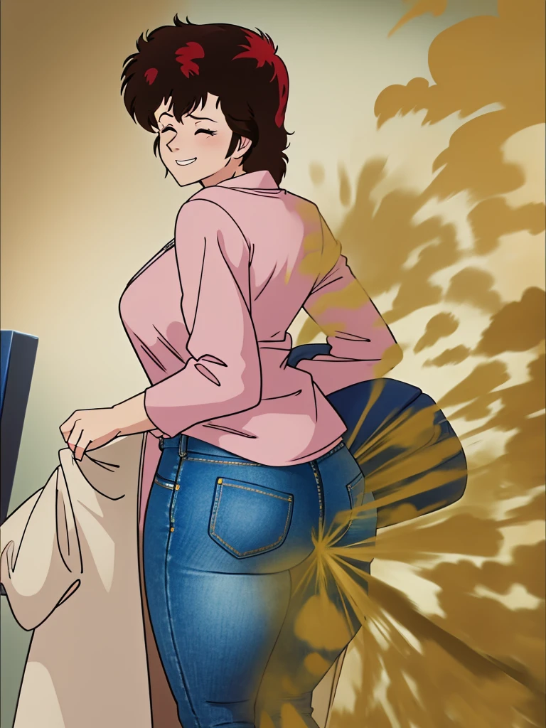 HD, high quality, high resolution, ultrahd,Kaori Makimura, 1female, wearing default outfit, light pink shirt, white coat, wearing coat over tshirt, jeans, default hair, brown hair, very tall body, thin body, massive fart, yellow smoke, velocity, closed eyes, leaning, viewing ass, embarrassed, smiling, clenching teeth, alone in a room, beautiful lighting, highlights