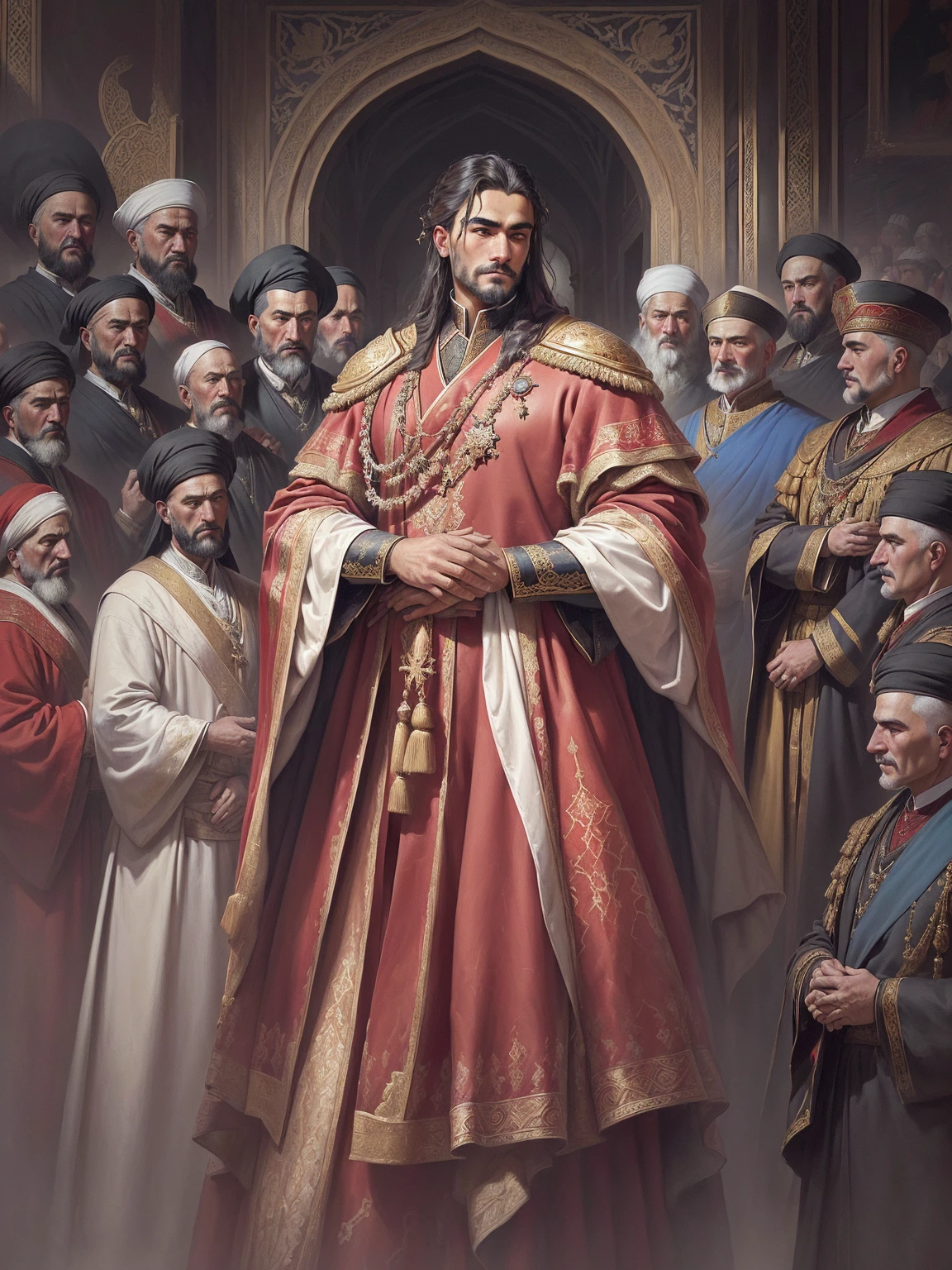 The painting shows a man in a red robe standing in front of a group of people, painting of samarkand, Inspired by Roman Bezpalkiv, Konstantin Knyazev, King Stovekol, Maxim Sukarev, detail on scene, Grant him a title of nobility, , Roman Shipnov