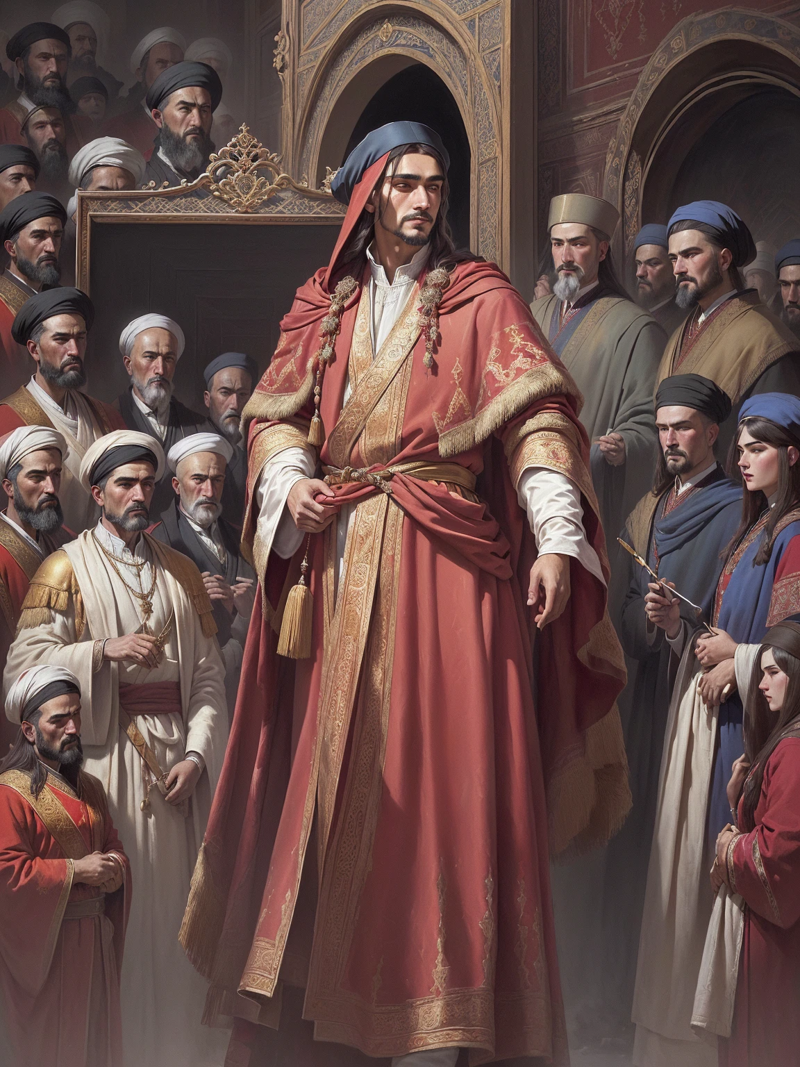 The painting shows a man in a red robe standing in front of a group of people, painting of samarkand, Inspired by Roman Bezpalkiv, Konstantin Knyazev, King Stovekol, Maxim Sukarev, detail on scene, Grant him a title of nobility, , Roman Shipnov