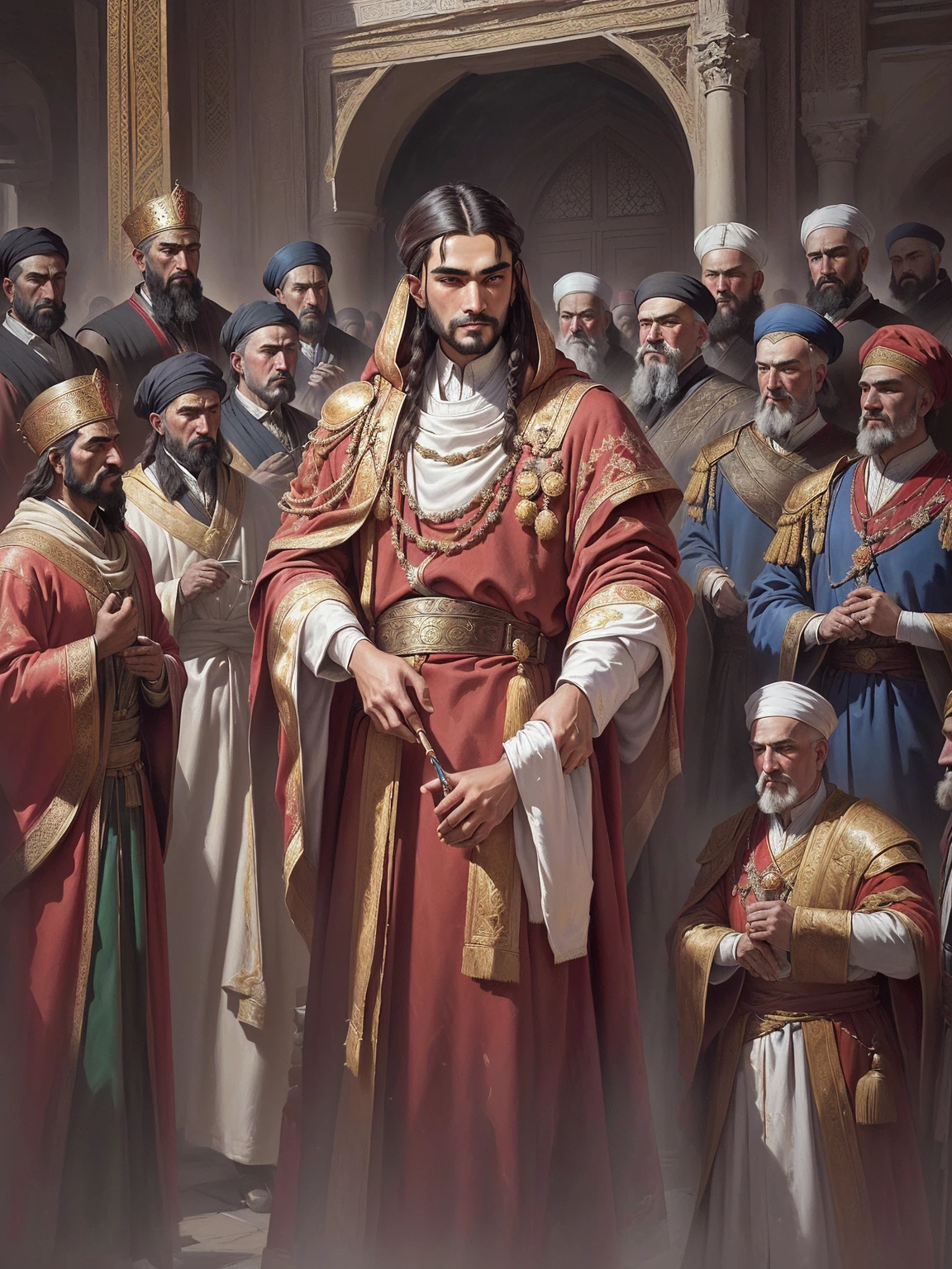 The painting shows a man in a red robe standing in front of a group of people, painting of samarkand, Inspired by Roman Bezpalkiv, Konstantin Knyazev, King Stovekol, Maxim Sukarev, detail on scene, Grant him a title of nobility, , Roman Shipnov