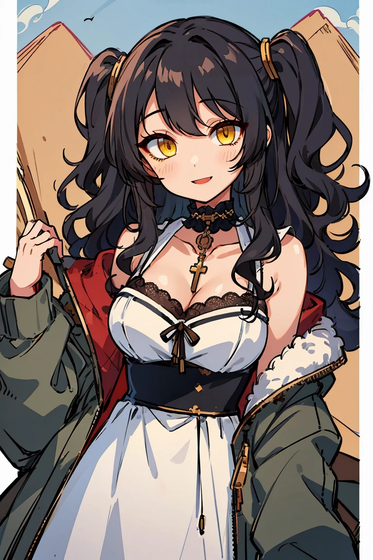 (masterpiece:1.2), (high quality:1.2), (hui xiyi:0.7), rekkyo sensen, rekkyou sensen, girls with((1girl, solo, black hair, yellow eyes, (wavy long hair, one side up:1.54), blush, breasts, cleavage, cowboy shot, bare shoulders, dress, lace dress, navy clothes, rosary, rosary choker, cross, choker, collar, collarbone, frills, fur, fur-trimmed hood, fur-trimmed jacket, fur-trimmed sleeves, fur coat, fur collar, fur trim, hood down, hooded coat, hooded jacket, hoodie, jacket, large breasts, long hair, long sleeves, medium breasts, open clothes, open coat,open hoodie, sleeveless, winter clothes, zipper, cleavage, upper body)), background with((fantasy world, ruin, castle, beautiful sky, shining sky, sunshine))