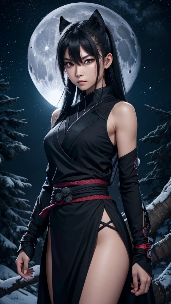 8K resolution, high image quality, high quality, real, female, ninja, kuichi, ice-cold eyes, ninja clothes, or have a shuriken in your hand, moonlit night, full moon, lurking in a pine tree branch, image from head to foot,