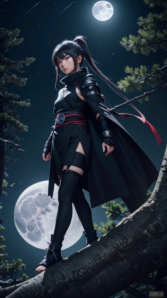 8K resolution, high image quality, high quality, real, female, ninja, kuichi, ice-cold eyes, ninja clothes, or have a shuriken in your hand, moonlit night, full moon, lurking in a pine tree branch, image from head to foot,