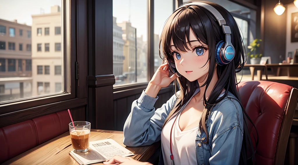 Girl with headphones enjoying music in a cafe I am studying Emphasize a little bit of the chest