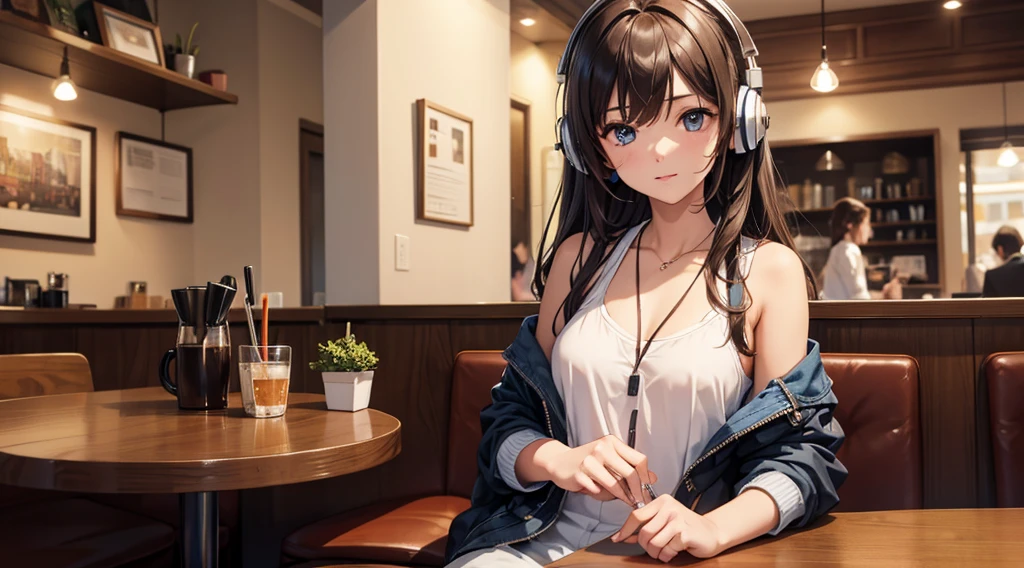 Girl with headphones enjoying music in a cafe I am studying Emphasize a little bit of the chest