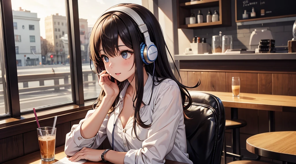 Girl with headphones enjoying music in a cafe　I am studying　Emphasize a little bit of the chest