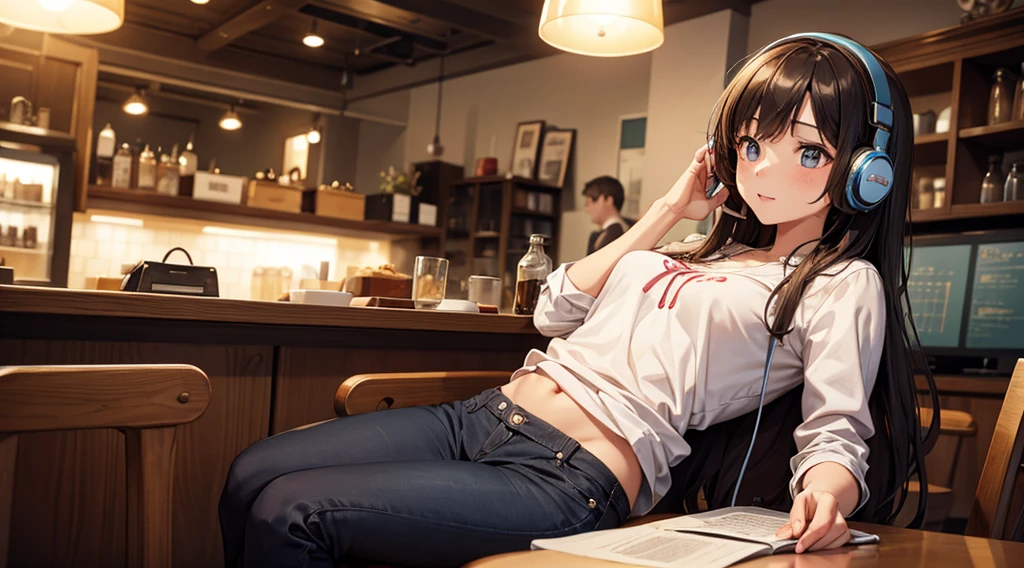 Girl with headphones enjoying music in a cafe I am studying Emphasize a little bit of the chest