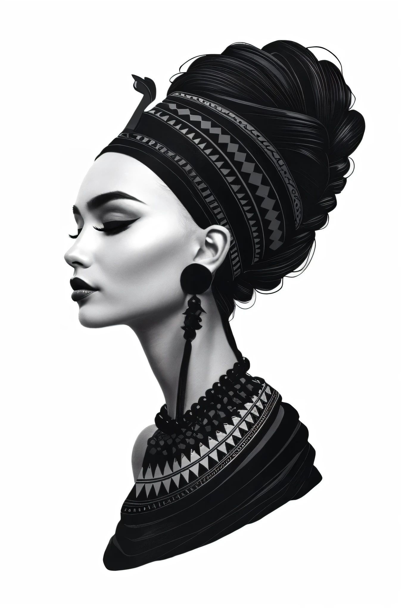 A black and white tattoo design of nefertiti queen, with grey shading to make it three-dimensional. The background is white, emphasizing bold lines and dark colors, airbrush painting, ... The style should be detailed, high resolution, and suitable for laser engraving on metal or glass. Shading gives a three-dimensional look and realism. The artwork must convey strength and power associated with death, horror style, high shadows