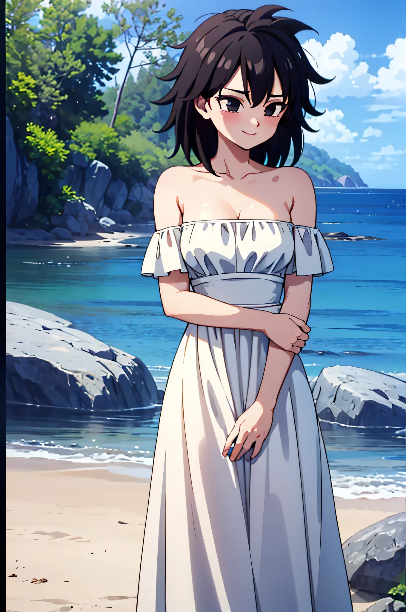 anime screencap, masterpiece, best quality, highres, outdoors, small breasts, gine, spiky black hair, 1 girl, Solo, Black Eyes, Good hands are down, Smile, Blushing, Bare Neck, Bare Arms, Bare Shoulders, White Dress, Strapless White Dress, Lace Off-shoulder top, Ruffle Off-the-Shoulder Top, Long Skirt. Cowboy shot. A landscape of the beach, sea, blue skies, sand beach. In the center. Standing on the beach. Far from the bottom, looking at viewers