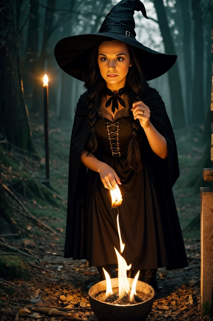 A black skinned witch, curly red hair, wearing a long witch dress, witch's hat, tattoo's, Tarot cards, witchcraft symbols, incense, candles, butterflys, red lipgloss stick, god figurines, horoscope.