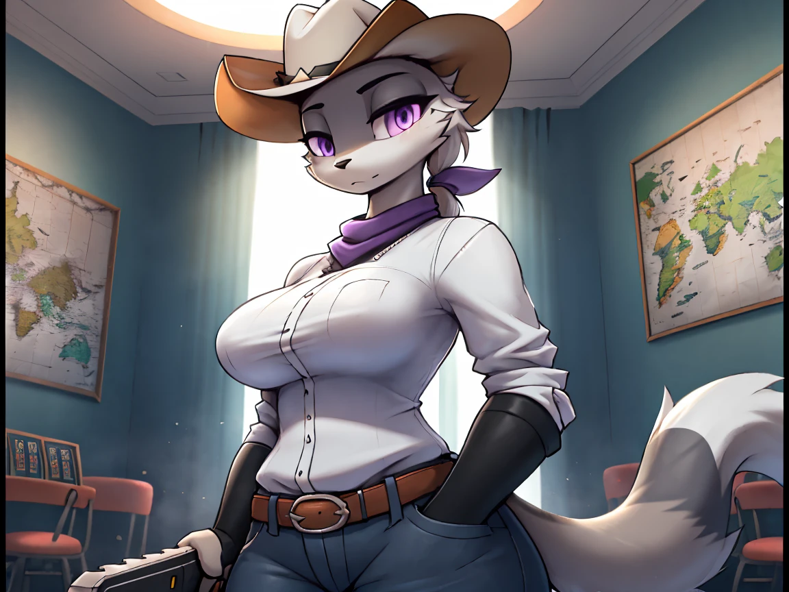 женщина anthro furry tiger ,absurdity, A high resolution, ultra detailed, 1 girl, holding mechanical chainsaw,
, Female, One, White hair, ponytail, ((Gray Fur)), (purple eyes), (breast), ((white clothes for players)), (((large cowboy hat))), (((Black Cowboy Hat))), purple handkerchief, map background, postcard frame, casino background, hands in pockets, Very good figure, Best quality, A high resolution, 16K, natural soft light, Tyndall effect, Advanced Film Lighting, Unreal Engine5, Extremely realistic, A A high resolution, The perfect masterpiece, high quality, A high resolution