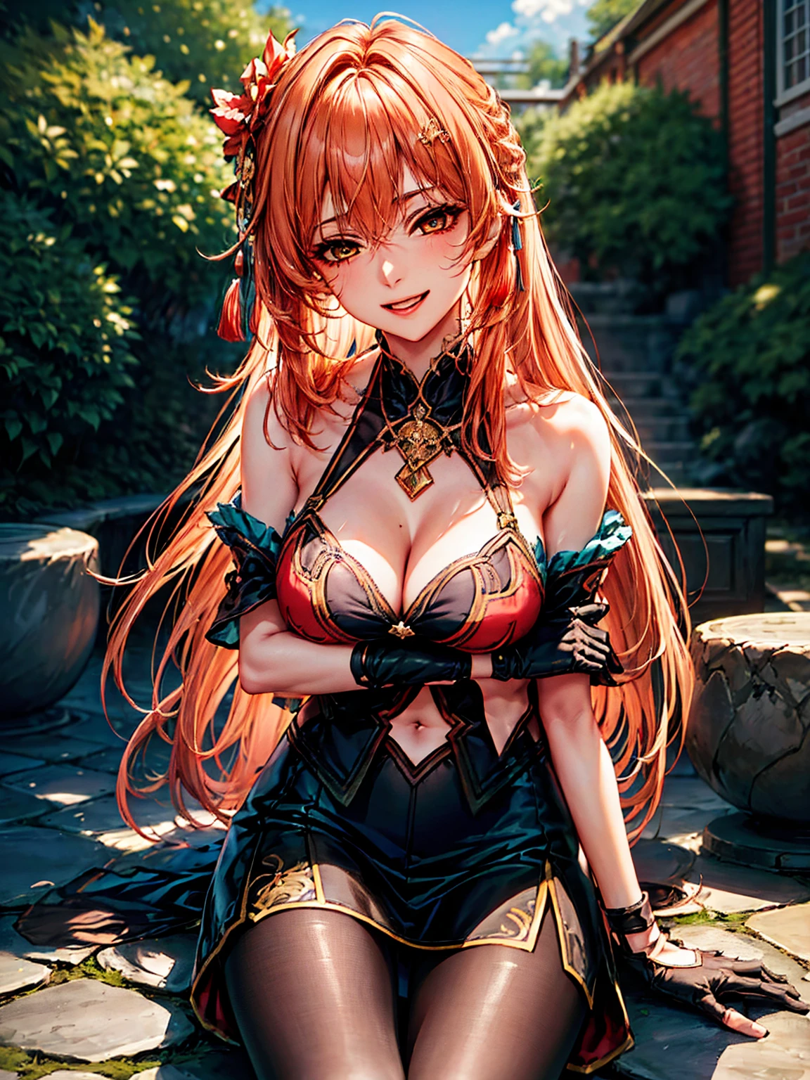 top-quality、tmasterpiece、Very high resolution、super high image quality、High-quality pixels)、perfect eyes, perfect face, perfect body figure，solo，8K, sizable breast，(Detailed description of hair), (Detailed description of face),(Detailed description of body), fair and clear skin, matchless beauty, long legged, orange hair details expressed, The details have been upgraded, light yellow eyes, official costume, girlfriend ssmile,  Guinaifen (Honkai Star Rail), black gloves, bare shoulder, black pantyhose, symmetric clothes, evening garden