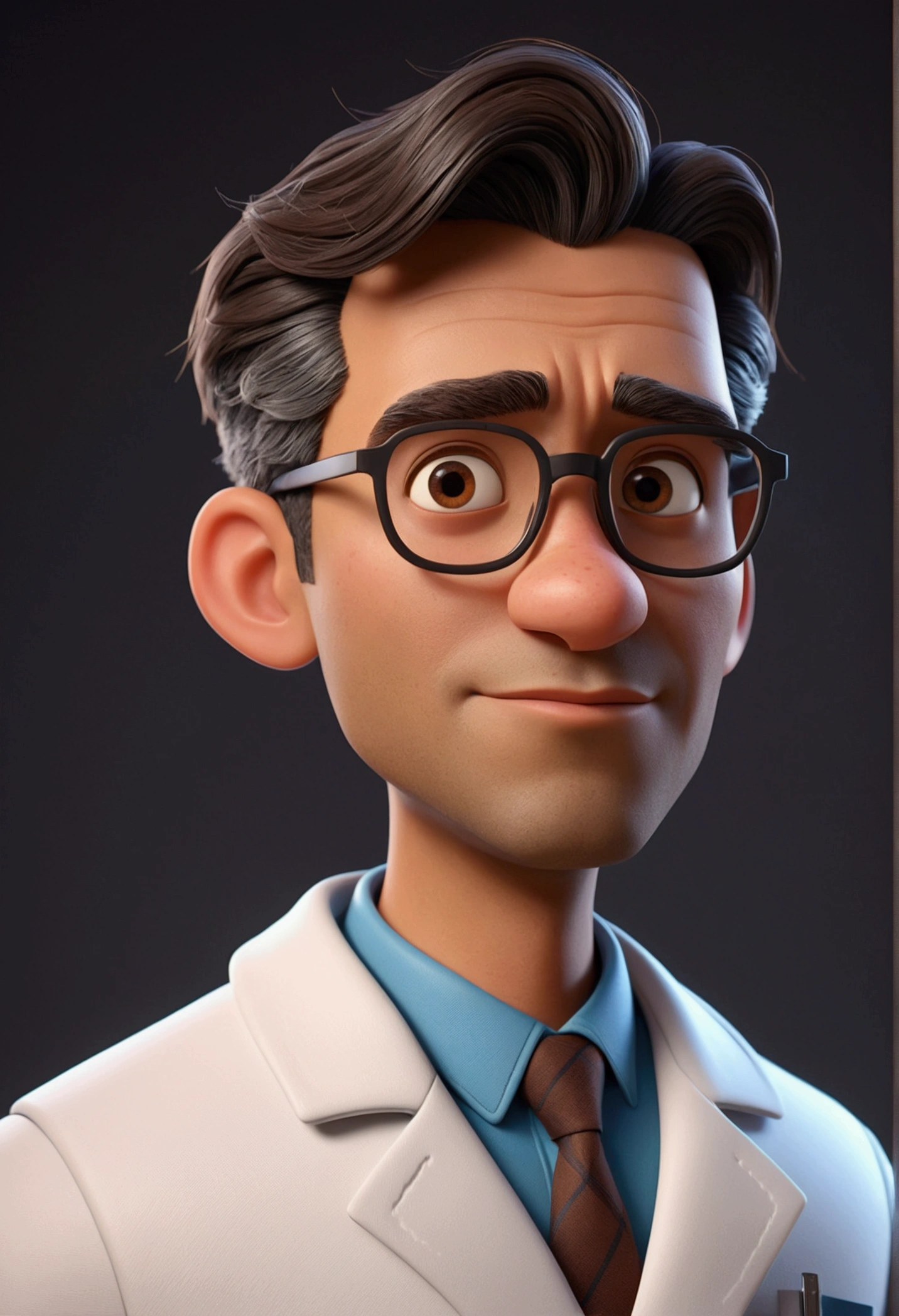 Cartoon character of a man with glasses, gray side hair, with entries, dark brownish brown skin,  Oval face, fatter, approximately 34 years old, skin with few pimple marks, animation character, wearing a labcoat, stylized character, animation style rendering, 3d stylized, Arnold Maya rendering, Stylized 3D rendering, toon render screenshot, 3d character, 3d character, Stylized 3D rendering, 3D character rendering, cartoon character, Personagem de close up, character posing, (Pixar-style) (master part:1.2) (bokeh) (best qualityer) (skin detailed) (detailed texture) (8K) (Argilla) (cinematic lighting) (sharp focus