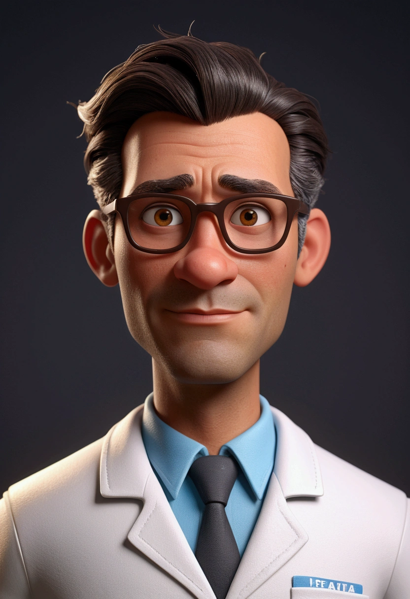 Cartoon character of a man with glasses, gray side hair, with entries, dark brownish brown skin, Oval face, fatter, approximately 34 years old, skin with few pimple marks, animation character, wearing a labcoat, stylized character, animation style rendering, 3d stylized, Arnold Maya rendering, Stylized 3D rendering, toon render screenshot, 3d character, 3d character, Stylized 3D rendering, 3D character rendering, cartoon character, Personagem de close up, character posing, (Pixar-style) (master part:1.2) (bokeh) (best qualityer) (skin detailed) (detailed texture) (8K) (Argilla) (cinematic lighting) (sharp focus