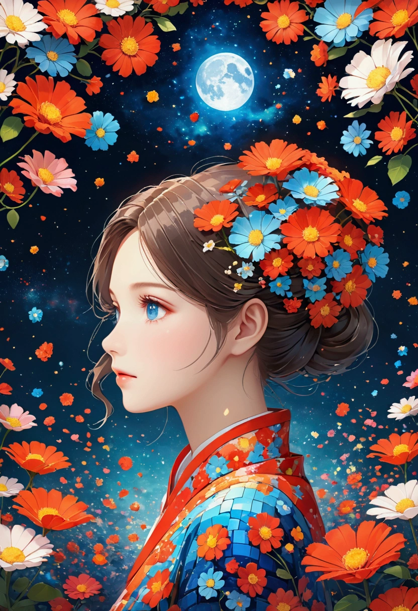 night,Beautiful Girl, Exquisite face, Blue gradient 3D pixel blocks, A structure that was initially intact but gradually disintegrated in the air, (Thousand Flower Glass), Starry Sky,fantasy,magic,mystery,illusory,Dreamy,Inverted, red symmetry, high quality,Octane Rendering,Concept map of the scene,