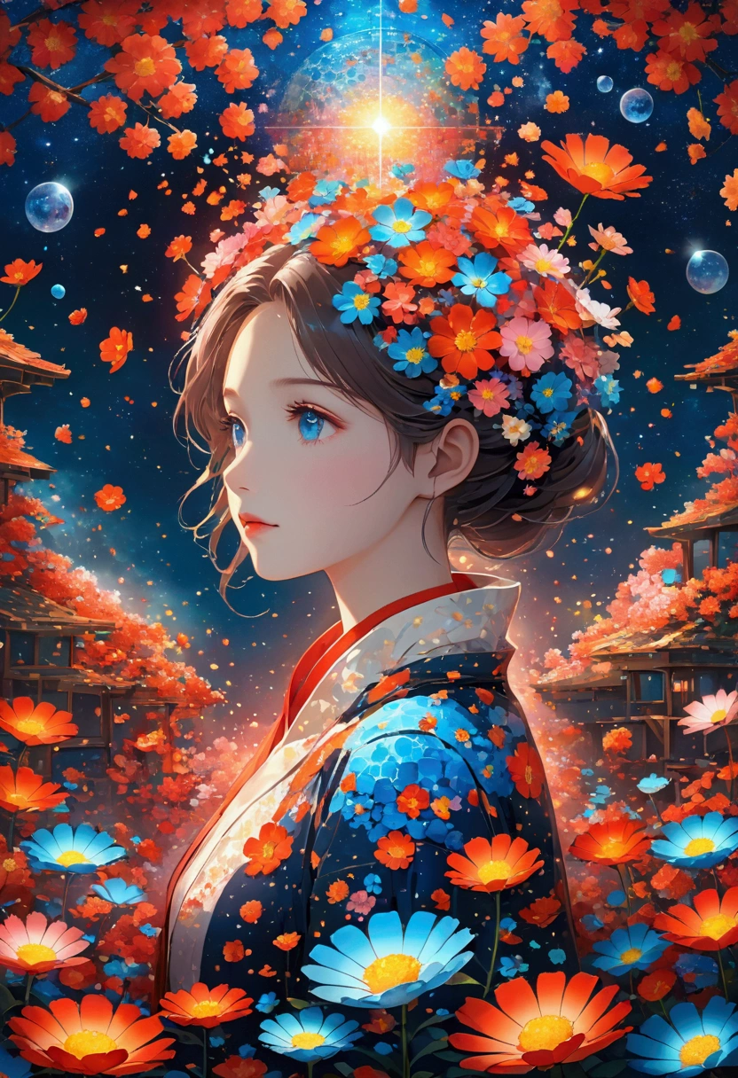 night，Beautiful Girl, Exquisite face, Blue gradient 3D pixel blocks, A structure that was initially intact but gradually disintegrated in the air, (Thousand Flower Glass), Starry Sky，fantasy，magic，mystery，illusory，Dreamy，Inverted, red symmetry, high quality，Octane Rendering，Concept map of the scene,