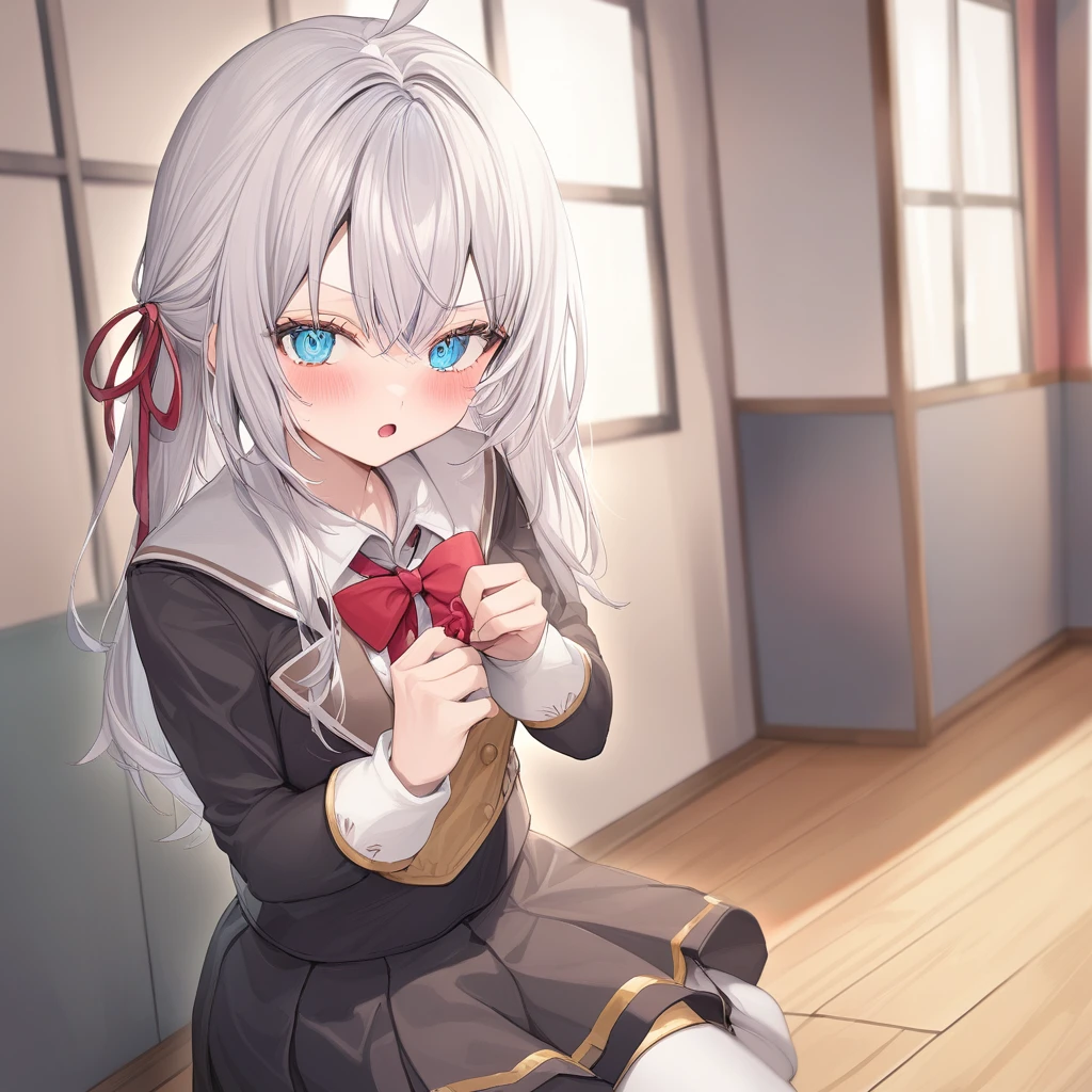 One girl, Alisa Mikhailovna Kujo,Tomorrow, my friend, Arya-san, will be visiting Russia.,alone, Long Hair, Eyebrows visible through hair, Hair between the eyes, Silver Hair, Hair Ribbon, blue eyes, Medium chest, ,White legwear,zettai ryouiki, Long sleeve, Jacket,
Sealing, Portraiture, View your viewers, Severe, corridor, Open your mouth,
Highest quality, so beautiful, Absurd
