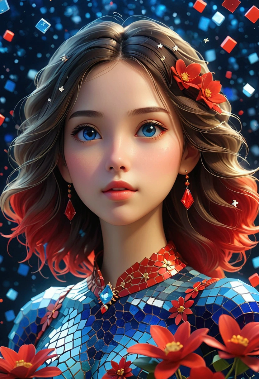 night，Beautiful Girl, Exquisite face, Blue gradient 3D pixel blocks, A structure that was initially intact but gradually disintegrated in the air, (Thousand Flower Glass), Starry Sky，fantasy，magic，mystery，illusory，Dreamy，Inverted, red symmetry, high quality，Octane Rendering，Concept map of the scene,