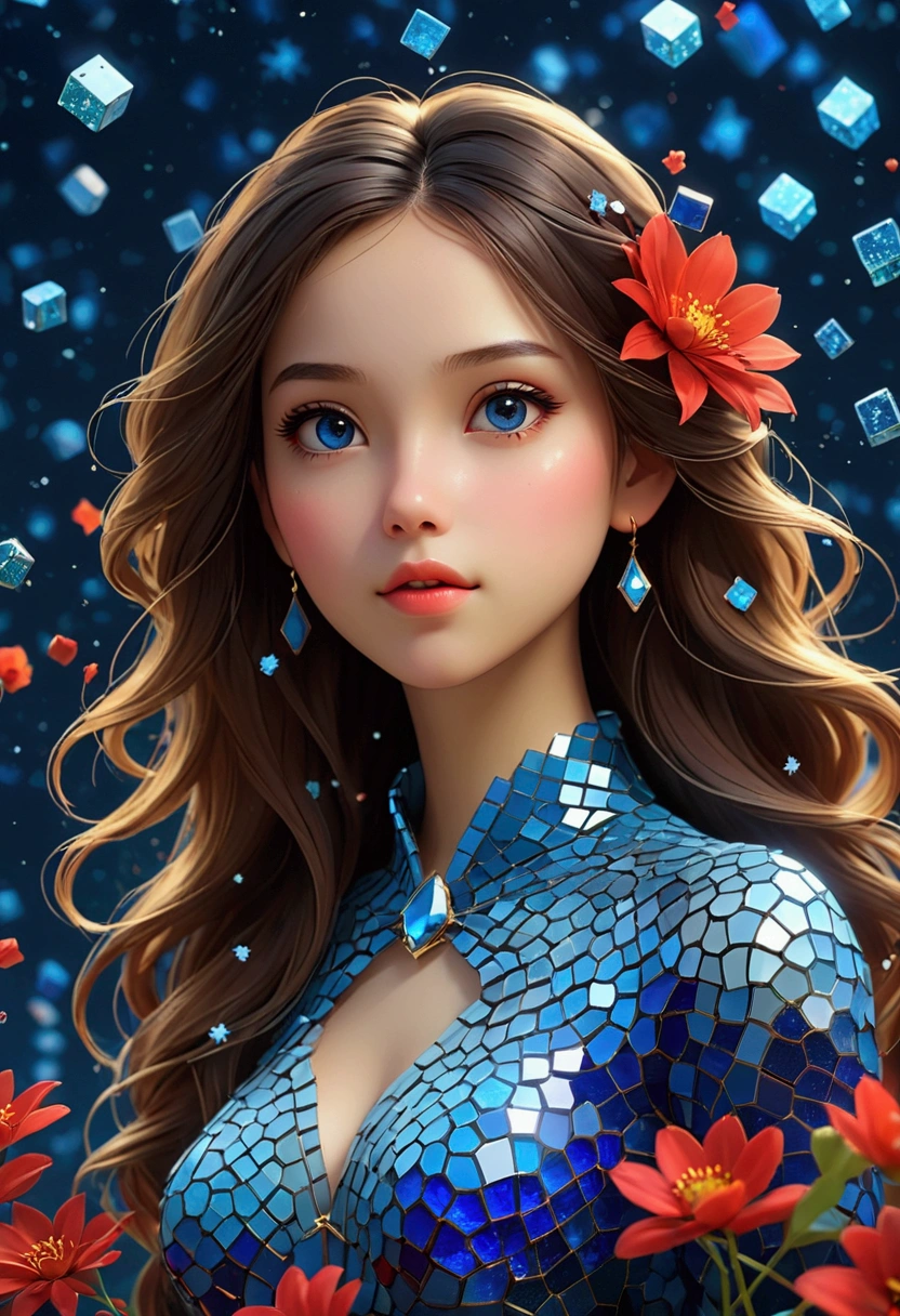night,Beautiful Girl, Exquisite face, Blue gradient 3D pixel blocks, A structure that was initially intact but gradually disintegrated in the air, (Thousand Flower Glass), Starry Sky,fantasy,magic,mystery,illusory,Dreamy,Inverted, red symmetry, high quality,Octane Rendering,Concept map of the scene,