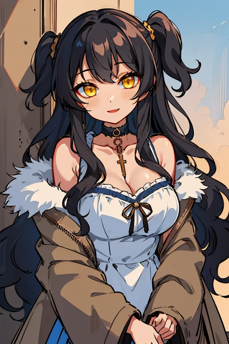 (masterpiece, best quality:1.2), 1girl, solo, bangs, black hair, yellow eyes, one side up, bare shoulders, blush, breasts, choker, cleavage, coat, collar, collarbone, cowboy shot, dress, lace dress, belt, red bow, red ribbon, neck ribbon, collared shirt, eyebrows visible through hair, frills, fur, fur-trimmed coat, fur-trimmed hood, fur-trimmed jacket, fur-trimmed sleeves, fur coat, fur collar, fur trim, hood down, hooded coat, hooded jacket, hoodie, jacket, large breasts, long hair, long sleeves, looking at viewer,medium breasts, open clothes, open coat,open hoodie, sleeveless, winter clothes, winter coat, zipper, cleavage, upper body