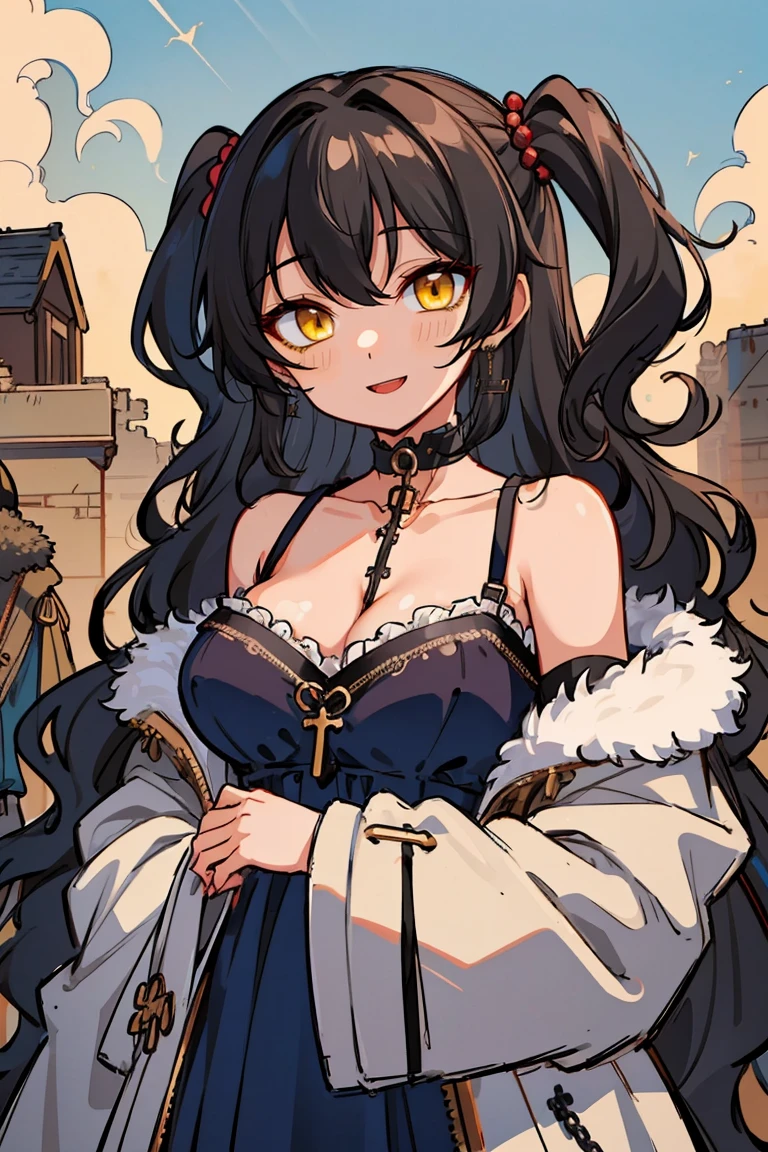 (masterpiece:1.2), (high quality:1.2), (hui xiyi:0.7), rekkyo sensen, rekkyou sensen, girls with((1girl, solo, black hair, yellow eyes, (wavy long hair, one side up:1.54), blush, breasts, cleavage, cowboy shot, bare shoulders, dress, lace dress, navy clothes, rosary, rosary choker, cross, choker, collar, collarbone, frills, fur, fur-trimmed hood, fur-trimmed jacket, fur-trimmed sleeves, fur coat, fur collar, fur trim, hood down, hooded coat, hooded jacket, hoodie, jacket, large breasts, long hair, long sleeves, medium breasts, open clothes, open coat,open hoodie, sleeveless, winter clothes, zipper, cleavage, upper body)), background with((fantasy world, ruin, castle, beautiful sky, shining sky, sunshine))
