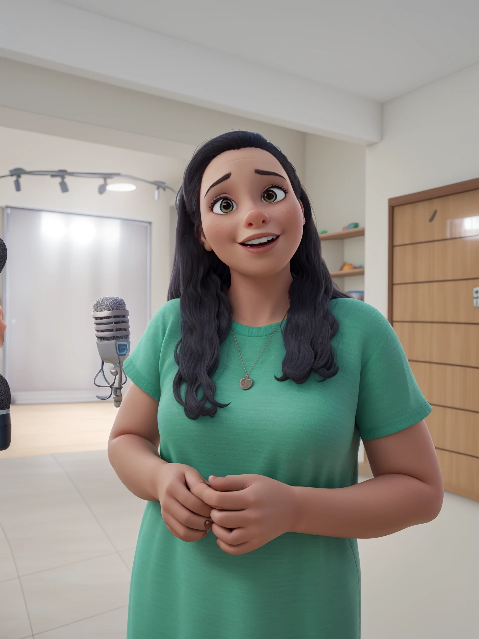 Woman with microphone in hand, levantando a biblia na outra, usando jardineira, preaching to children 3d Pixar cartoon style 