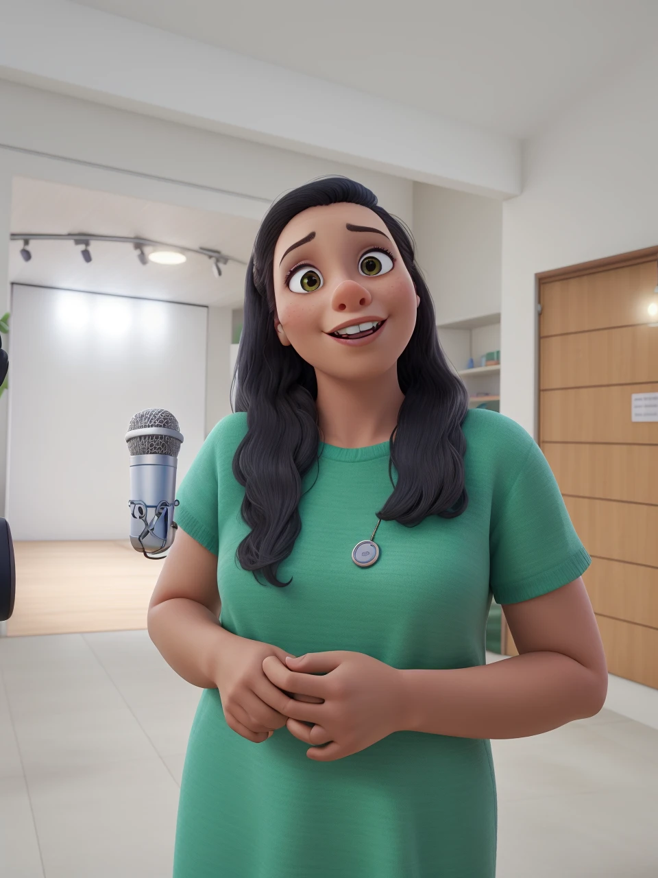 Woman with microphone in hand, levantando a biblia na outra, usando jardineira, preaching to children 3d Pixar cartoon style 