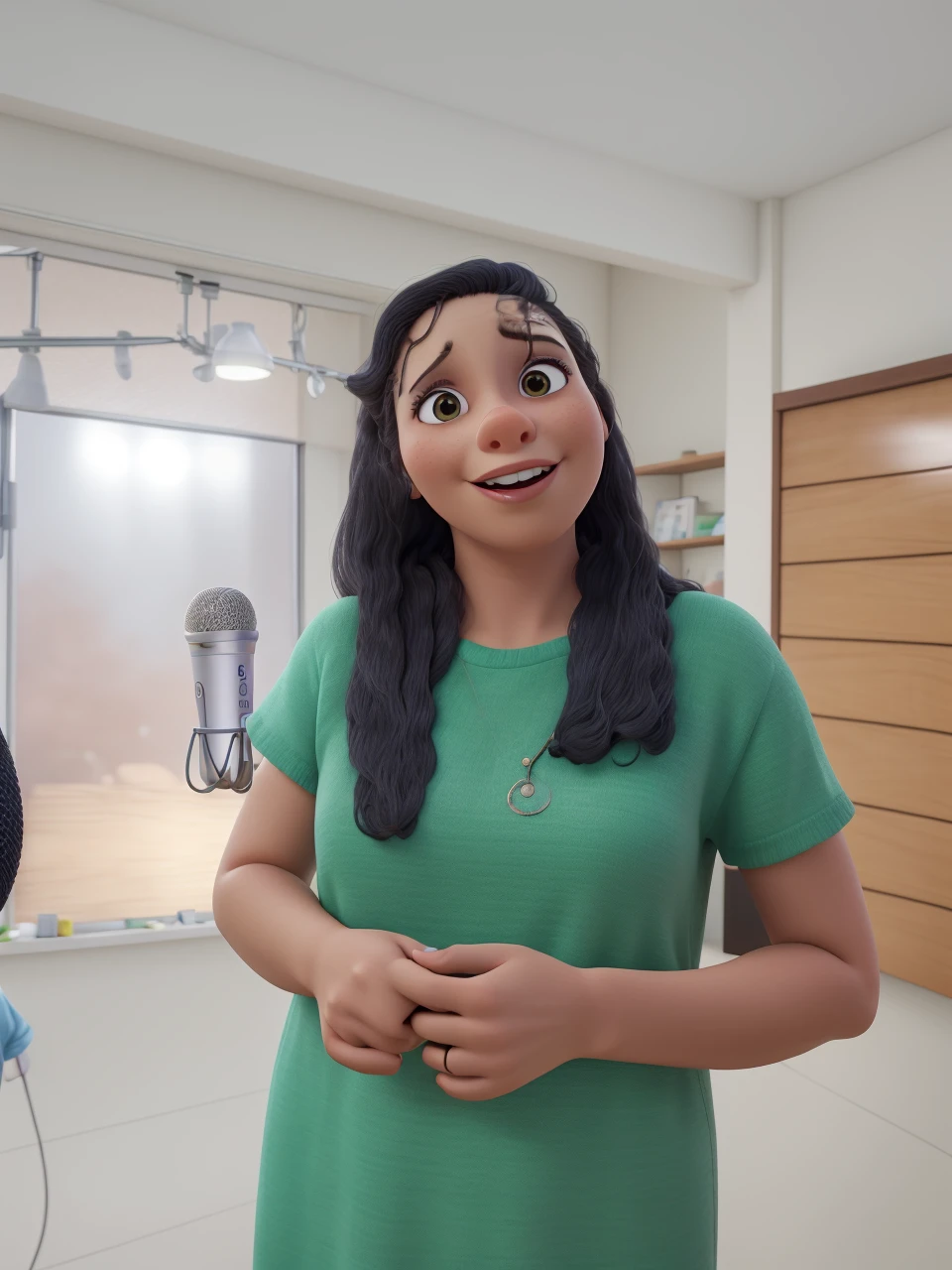 Woman with microphone in hand, levantando a biblia na outra, usando jardineira, preaching to children 3d Pixar cartoon style 