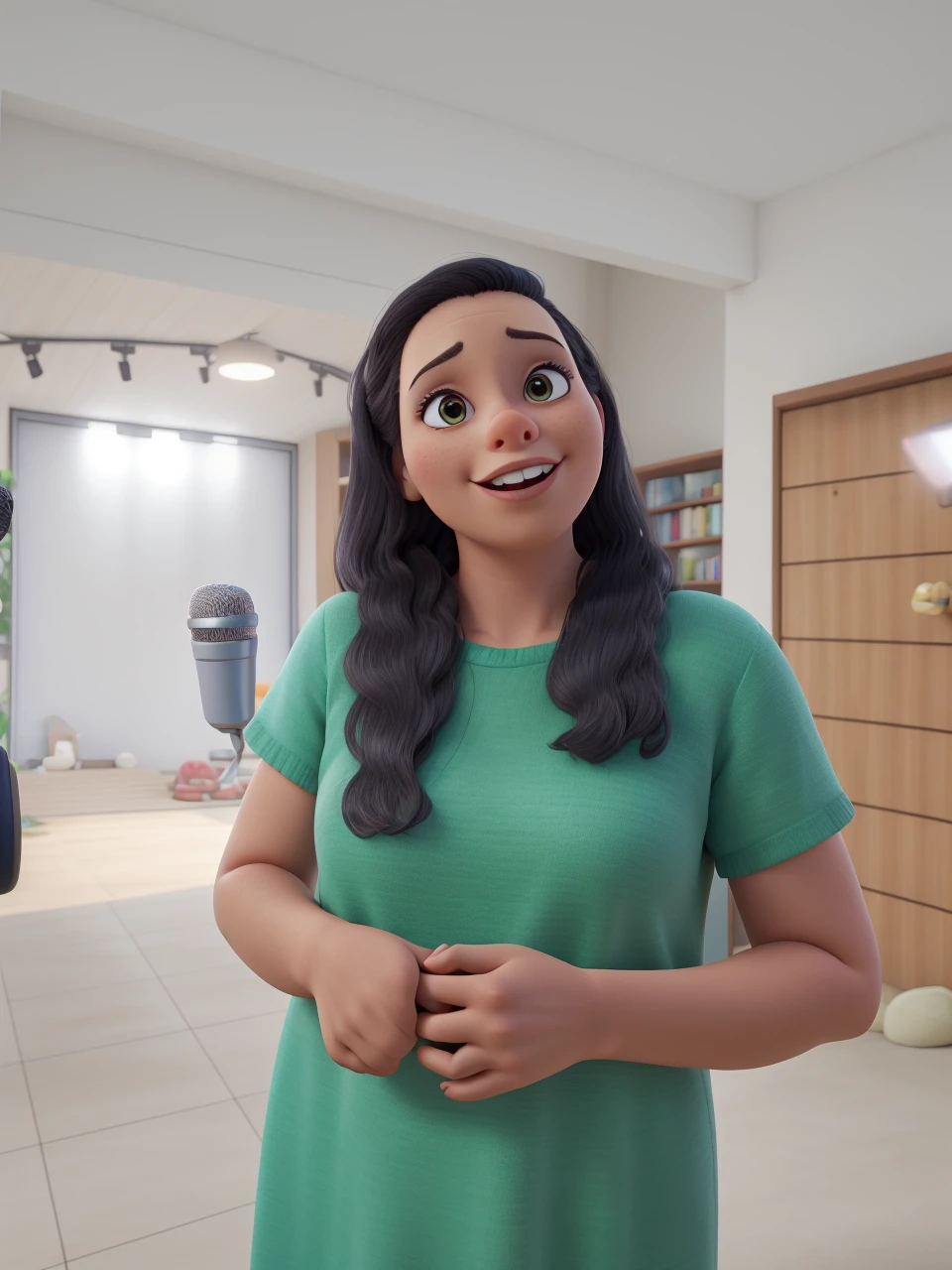 Woman with microphone in hand, levantando a biblia na outra, usando jardineira, preaching to children 3d Pixar cartoon style