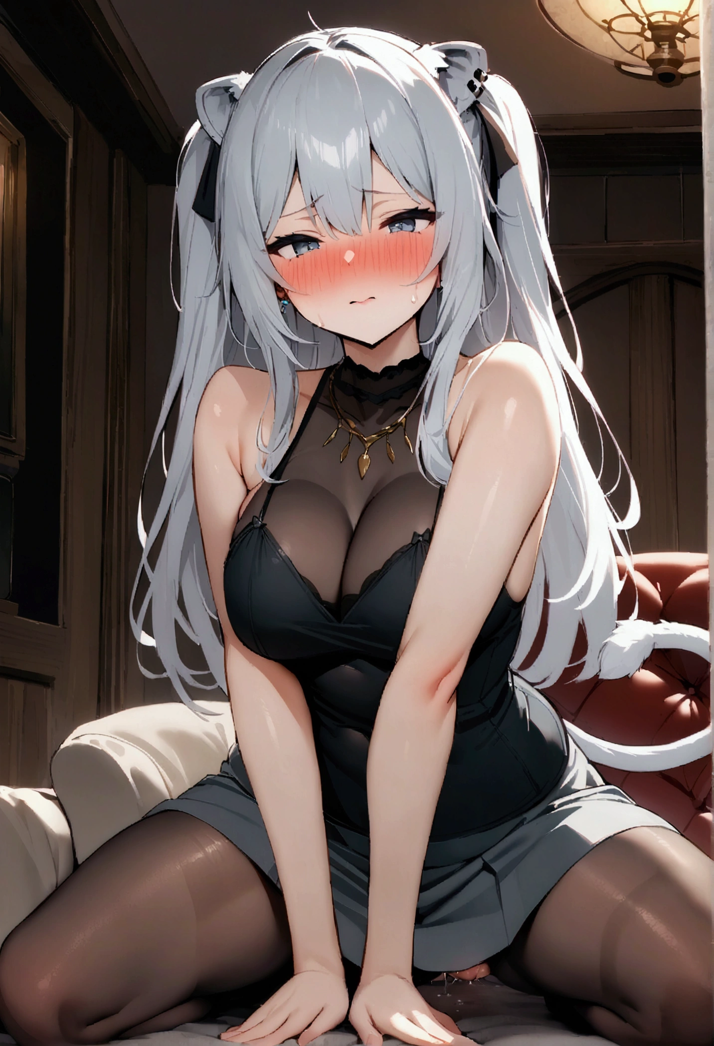 NSFW,masterpiece,Highest quality,High resolution,Super detailed,Shishirabotan\(Hololive\),Long Hair、Two Side Up、Earrings、Lion&#39;s Tail,necklace、Black Shirt、Sleeveless shirt、abdomen、See-through、Grey Skirt、片足pantyhose、pantyhose、Off the shoulder,Black sexy panties,Embarrassed,blush,(In heat),Luxurious Room,pub,Private room,sofa,(Drunk),(Intoxication),heart,Sexy pose,Panty shot,(Middle-aged men),(dorsal position),On all fours,(Having sex)