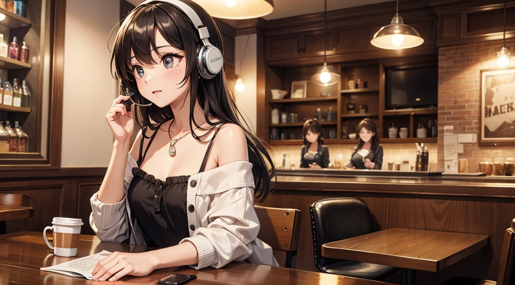 Girl with headphones enjoying music in a cafe I am studying Emphasize a little bit of the chest