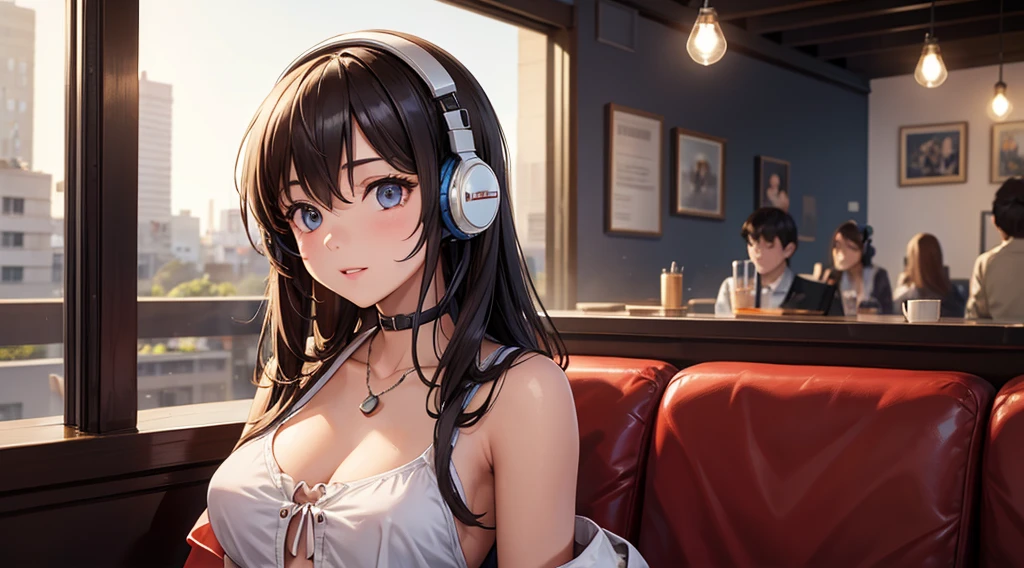 Girl with headphones enjoying music in a cafe I am studying Emphasize a little bit of the chest