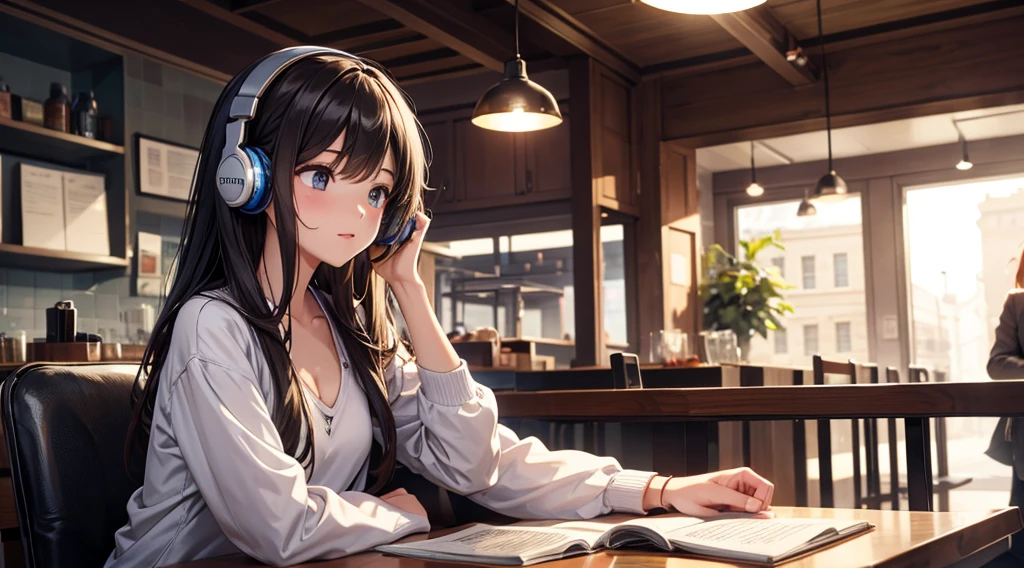 Girl with headphones enjoying music in a cafe　I am studying　Emphasize a little bit of the chest