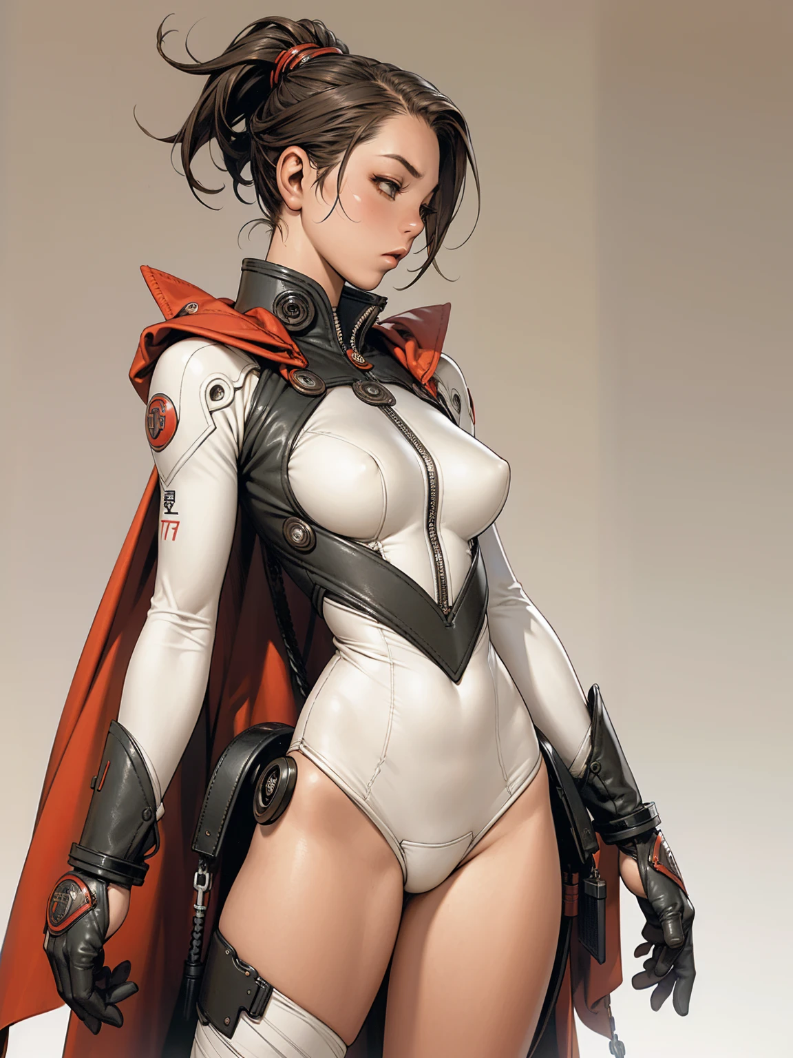 (((red micro dress with vertical seams all closed))), (((urban techwear))), ((( hot suit ))), (((bandaged arm))), ((high collar)), (((dynamic pose))), (((best qualityer: 1.4))), (Unbeatable masterpiece), (hiper HD),(CG 8k hyper-realistic), (((brave face))), (((medium breasts))), (((hyper feminine))), sexly girl, ((short gradient hair)), ((( sculptural body ))), (((1 girl))), garota descolada de 17 yr old com perfectbody, Beautiful and well-groomed face, muscular body:1.2,gradient color detailed jacket, (Head to thigh photos), (((Side view))), Complex equipment, leather dress, (((standing alone))), pirralha violent, (((17 yr old))), sexly, pose de atitude, work of art, post-apocalypse, (((manga style))), bounty hunter, violent, Manic, the way you want, slenderbody, thin but strong, perfectbody, sleeves with vertical striped pattern, background with vintage engravings, (( cowboy shot )). intricate visual