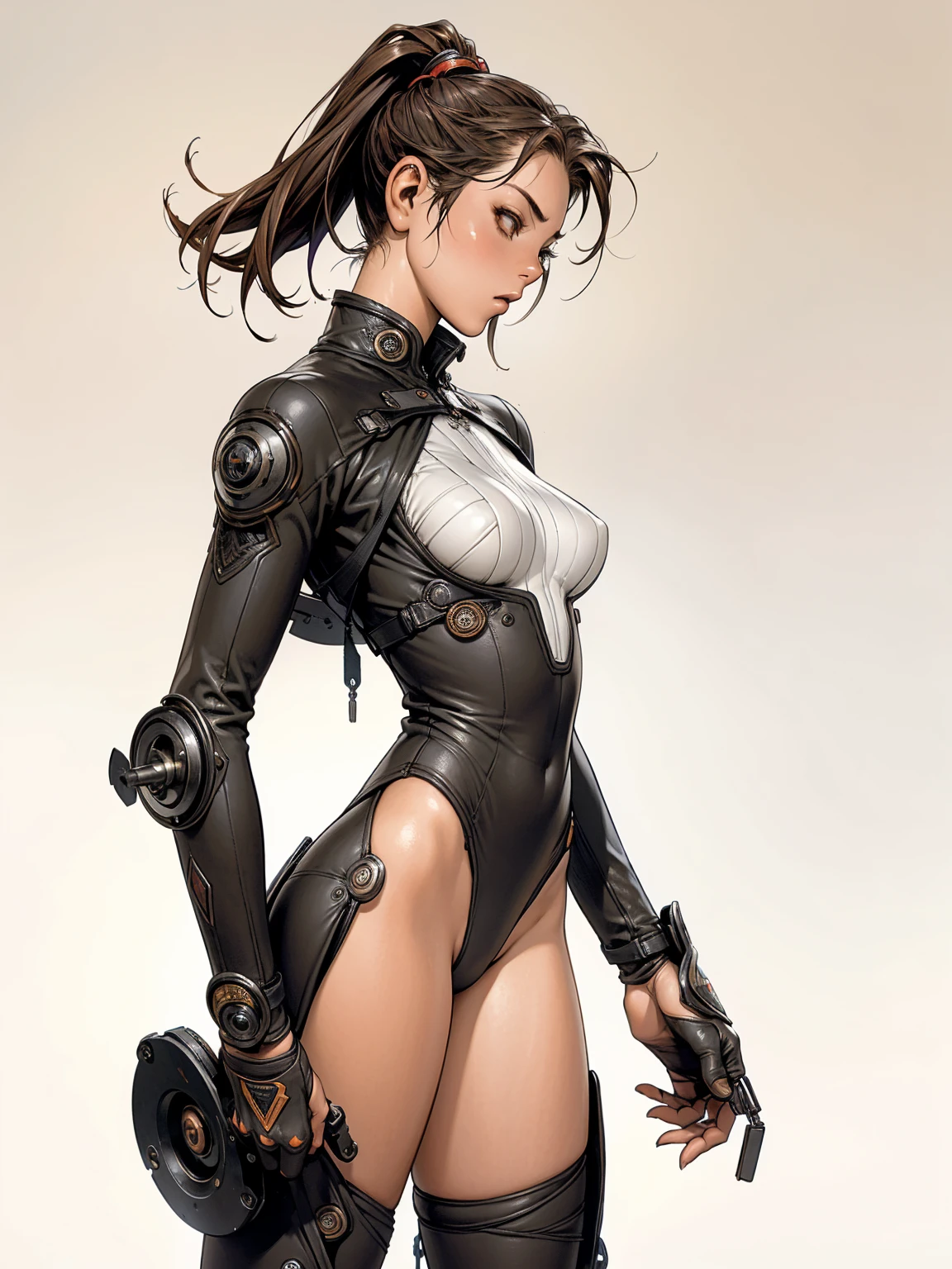 (((red micro dress with vertical seams all closed))), (((urban techwear))), ((( hot suit ))), (((bandaged arm))), ((high collar)), (((dynamic pose))), (((best qualityer: 1.4))), (Unbeatable masterpiece), (hiper HD),(CG 8k hyper-realistic), (((brave face))), (((medium breasts))), (((hyper feminine))), sexly girl, ((short gradient hair)), ((( sculptural body ))), (((1 girl))), garota descolada de 17 yr old com perfectbody, Beautiful and well-groomed face, muscular body:1.2,gradient color detailed jacket, (Head to thigh photos), (((Side view))), Complex equipment, leather dress, (((standing alone))), pirralha violent, (((17 yr old))), sexly, pose de atitude, work of art, post-apocalypse, (((manga style))), bounty hunter, violent, Manic, the way you want, slenderbody, thin but strong, perfectbody, sleeves with vertical striped pattern, background with vintage engravings, (( cowboy shot )). intricate visual