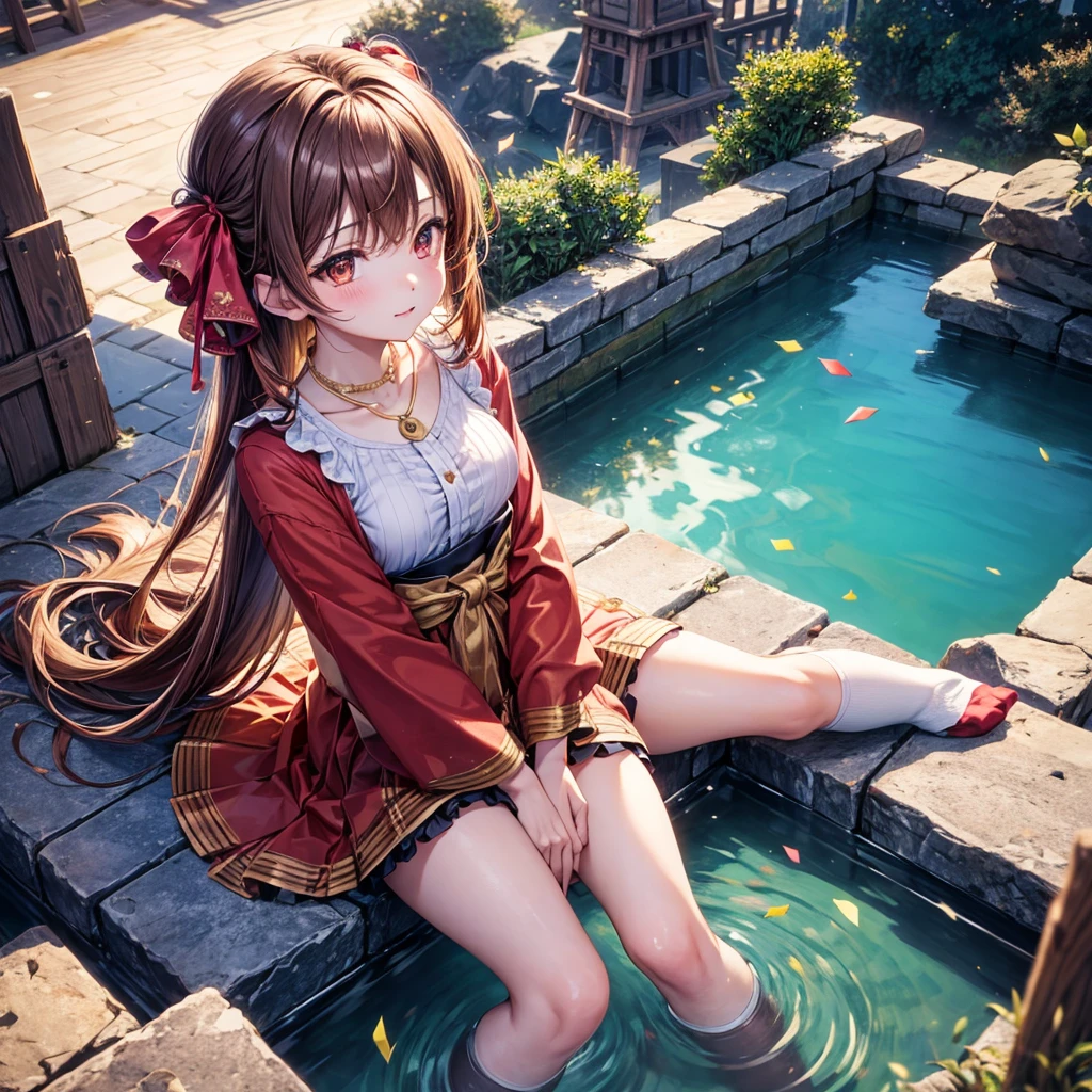 Pink, red, brown, gold, gold hair、Red gold eyes、Hair tied up、One good looking girl、solo、anime、Checkered mini skirt、Ruffles on the skirt、Checked dress、blouse、Kimono、Black knee-high socks、Ribbon、Ribbon on waist、Teeth are visible、Sparkly Necklace、From above、Cobblestones、waterfall、Starry Sky、Midnight Moon、suspension bridge、Confetti、Brick construction、Uphill、An old castle built on a rocky mountain、The scenery is reflected on the water、Sitting on the roof、Legendary Sword