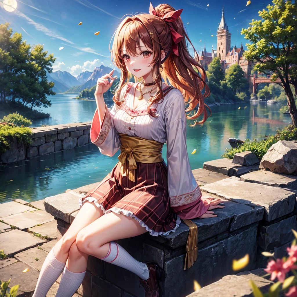 Pink, red, brown, gold, gold hair、Red gold eyes、Hair tied up、One good looking girl、solo、anime、Checkered mini skirt、Ruffles on the skirt、Checked dress、blouse、Kimono、Black knee-high socks、Ribbon、Ribbon on waist、Teeth are visible、Sparkly Necklace、From above、Cobblestones、waterfall、Starry Sky、Midnight Moon、suspension bridge、Confetti、Brick construction、Uphill、An old castle built on a rocky mountain、The scenery is reflected on the water、Sitting on the roof、Legendary Sword