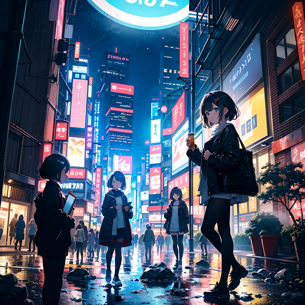 Masterpiece, highest quality, high resolution background, bright and beautiful atmosphere, 3 girls (, 1 short-tempered round face), 1 (hair, surface effects), small breasts, 101 in Shinjuku, under the building A girl playing the guitar, dressed in a rock style, with a can at her feet and coins scattered around, some Shinjuku young people watching the performance, ``deltamon_sdXL :0.73) >Deltamon''