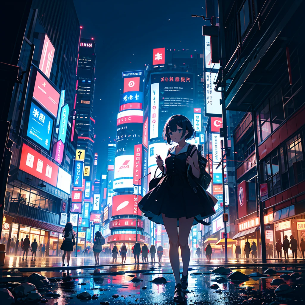 Masterpiece, highest quality, high resolution background, bright and beautiful atmosphere, 3 girls (2 years old, 1 short-tempered round face), 1 (hair, surface effects), small breasts, 101 in Shinjuku, under the building A girl playing the guitar, dressed in a rock style, with a can at her feet and coins scattered around, some Shinjuku young people watching the performance, ``deltamon_sdXL :0.73) >Deltamon''