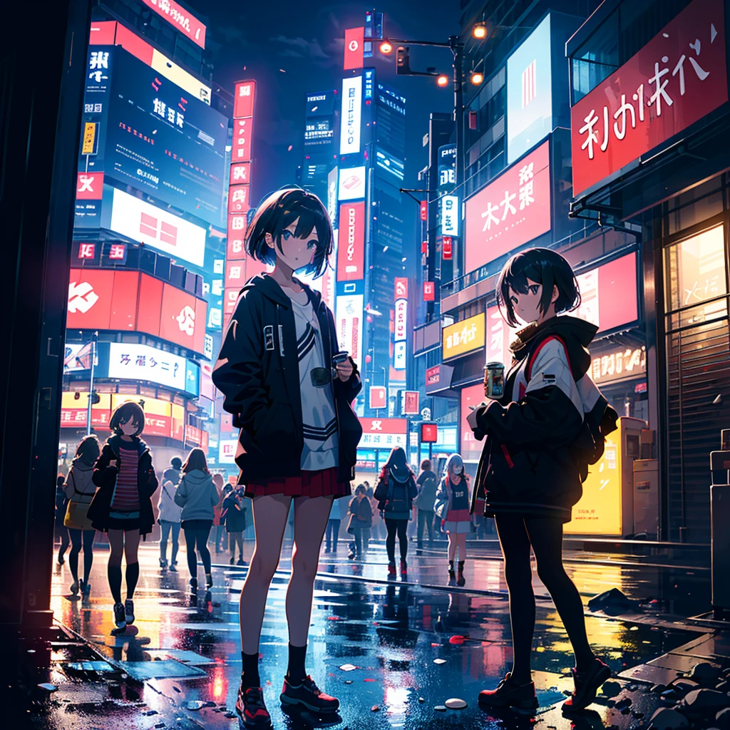 Masterpiece, highest quality, high resolution background, bright and beautiful atmosphere, 3 girls (2 years old, 1 short-tempered round face), 1 (hair, surface effects), small breasts, 101 in Shinjuku, under the building A girl playing the guitar, dressed in a rock style, with a can at her feet and coins scattered around, some Shinjuku young people watching the performance, ``deltamon_sdXL :0.73) >Deltamon''