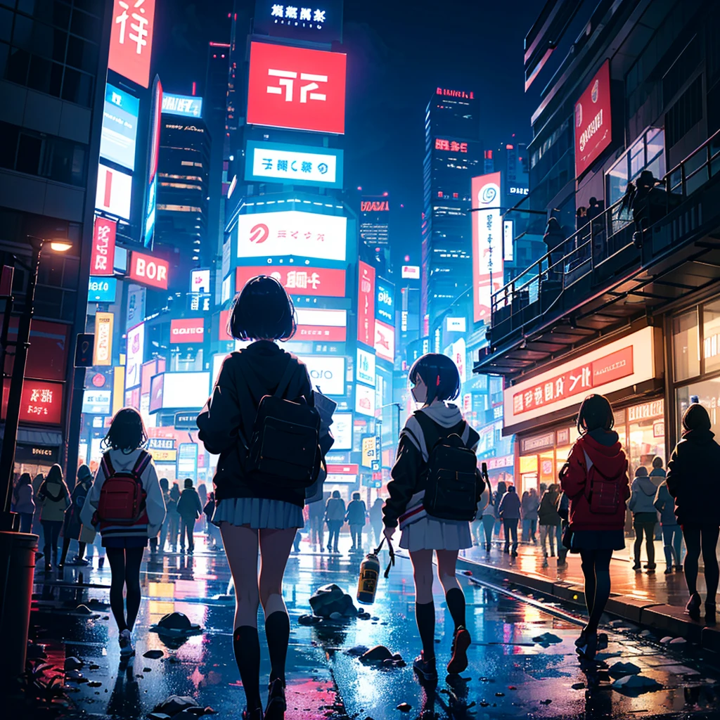 Masterpiece, highest quality, high resolution background, bright and beautiful atmosphere, 3 girls (2 , 1 short-tempered round face), 1 (hair, surface effects), small breasts, 101 in Shinjuku, under the building A girl playing the guitar, dressed in a rock style, with a can at her feet and coins scattered around, some Shinjuku young people watching the performance, ``deltamon_sdXL :0.73) >Deltamon''