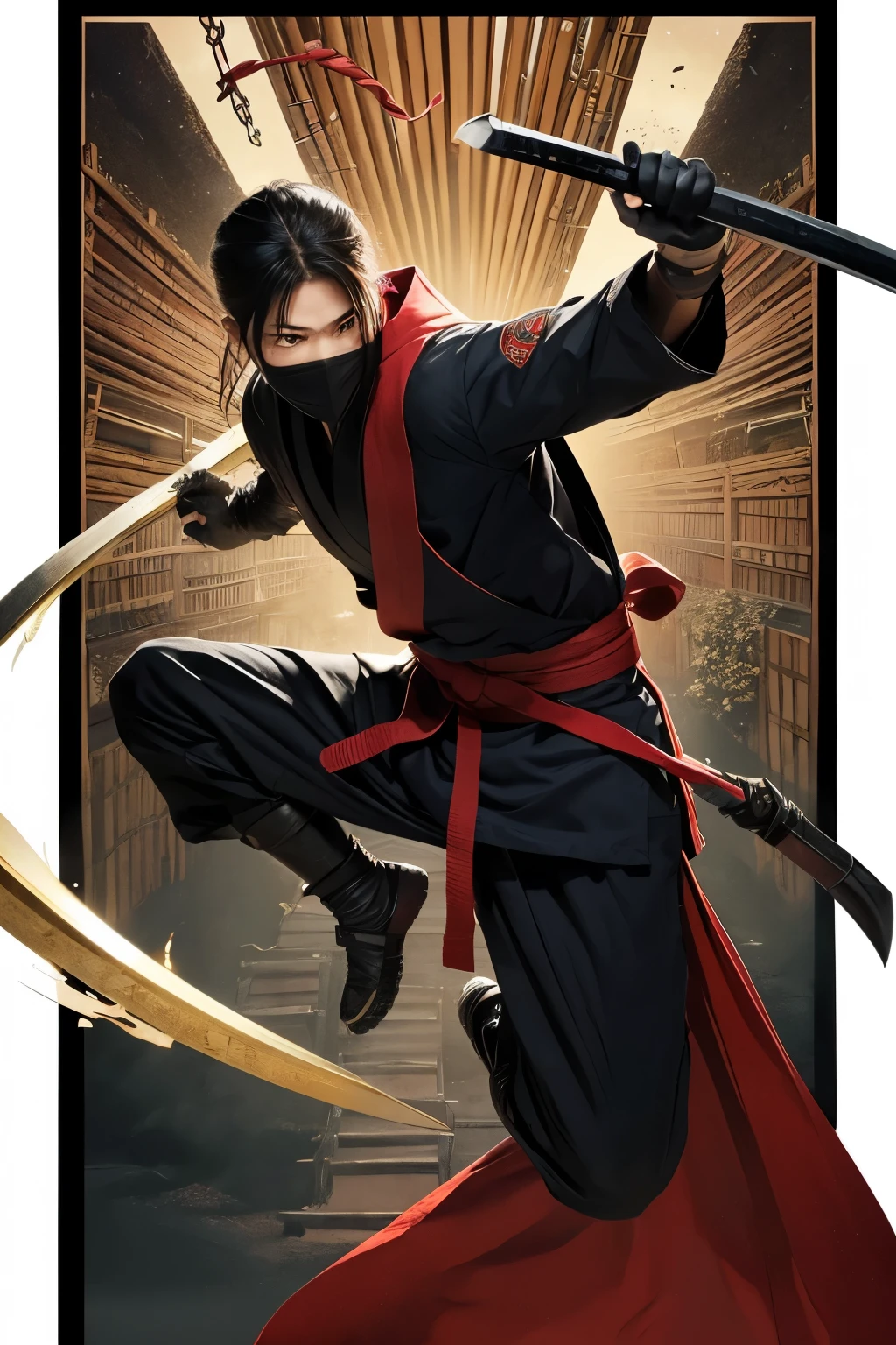 Create a highly detailed illustration of a Nokizaru-ryu ninja, focusing on the unique aspects and historical background of this school. The ninja should be depicted wearing traditional black attire, including a hood and mask, emphasizing stealth and agility. Equip the ninja with traditional weapons such as a katana (sword), shuriken (throwing stars), and a kusarigama (chain and sickle), reflecting their versatility in combat and espionage.
The scene should capture the ninja in a dynamic action pose, perhaps performing acrobatic movements like mid-air flips or scaling a wall, showcasing the agility and acrobatic skills that Nokizaru-ryu is known for. The background should include elements that evoke the historical setting of the Nokizaru-ryu, such as dense forests, mountainous terrain, and traditional Japanese architecture like castles or temples.
Incorporate subtle details that highlight the strategic and stealthy nature of Nokizaru-ryu, such as hidden traps, shadows, and secret pathways. To emphasize the connection to the historical background, include references to legendary feats or symbols associated with Nokizaru-ryu, like a banner with the clan's emblem or traditional Japanese motifs.
The overall atmosphere should convey a sense of mystery, danger, and the skilled martial arts tradition of the Nokizaru-ryu. The illustration should reflect the historical and cultural richness of the ninja legacy.