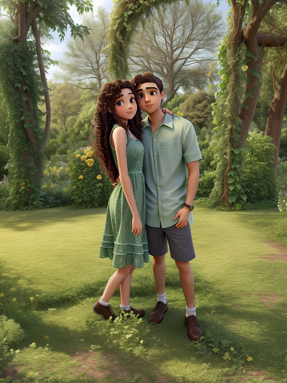 young woman with curly hair and young man with short hair both hugging each other looking at the photo, in a garden