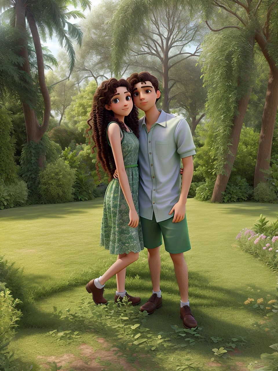 young long curly hair woman in a green dress and young man hugging each other looking at the photo, in a garden