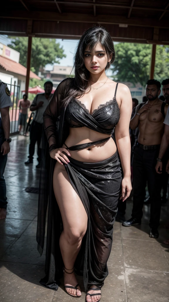 Thick , Curvy,fair beautiful cute, innocent indian girl in sexy black saree by horny men , male crowd in the background, sweary, jail, thick thighs, bang hair cut, round navel showing , in a jail , plumb, erotic , full body shot