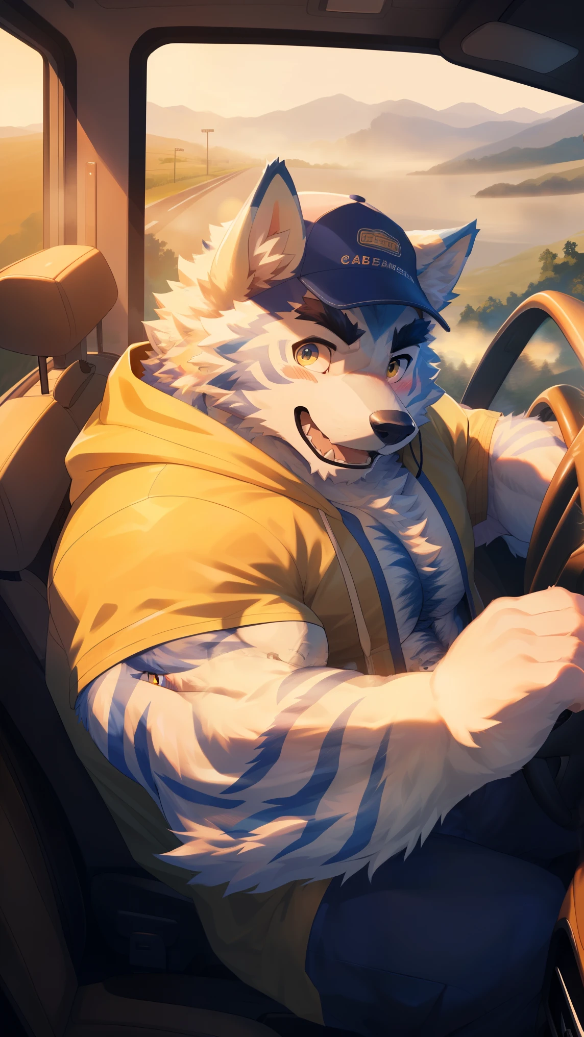 (Vision:1.5), solitary, anthropology, hairy, hairy male, Wolf, ((Fluffy fur, Fluffy, hairy body)), (wolf print), (Thick eyebrows), youth, muscular, White big pectoral muscles, Light blue fur, Golden pupils, Detailed teeth, defaced face, fundos, trucker, Light yellow plaid hoodie, Baseball cap, cab里, Driving, sideways, Shy expression, A faint smile，blush, (Dynamic poses:1.5), Clear facial features, Strong, majestic, alone, panoramic, Fog atmosphere, early morning, Tyndall Light Effect, cab, Sunlight through the car window, (By Empty Ghost, From wolf20, masterpiece, high quality, high resolution,8K)