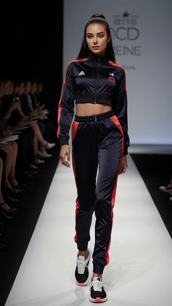 A female model on the catwalk,tight Satin tracksuit, sexy Ass,