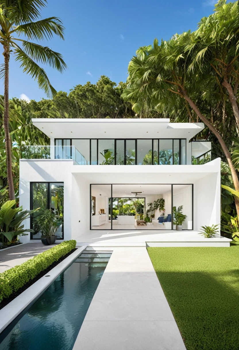 A hyper-realistic image of a modern house with a minimalist design, featuring a combination of white and blue materials. The house has a flat roof, large glass windows, and a balcony with a white railing. The entrance is flanked by lush greenery and palm trees. There is a white gate in front and the garden includes various tropical plants. The overall ambiance is serene and contemporary, with detailed textures and realistic lighting, shadows, and reflections. The colors are bright and fresh, showcasing the crispness of the materials and the surrounding environment. The lighting is natural and gives a bright midday feel.
