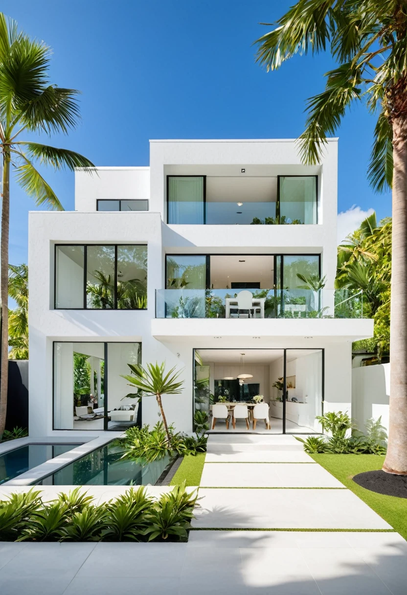 A hyper-realistic image of a modern house with a minimalist design, featuring a combination of white and blue materials. The house has a flat roof, large glass windows, and a balcony with a white railing. The entrance is flanked by lush greenery and palm trees. There is a white gate in front and the garden includes various tropical plants. The overall ambiance is serene and contemporary, with detailed textures and realistic lighting, shadows, and reflections. The colors are bright and fresh, showcasing the crispness of the materials and the surrounding environment. The lighting is natural and gives a bright midday feel.
